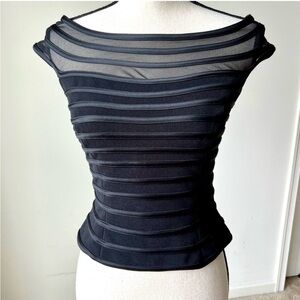 Vintage JS Collections black ribbed sheer cap sleeve top